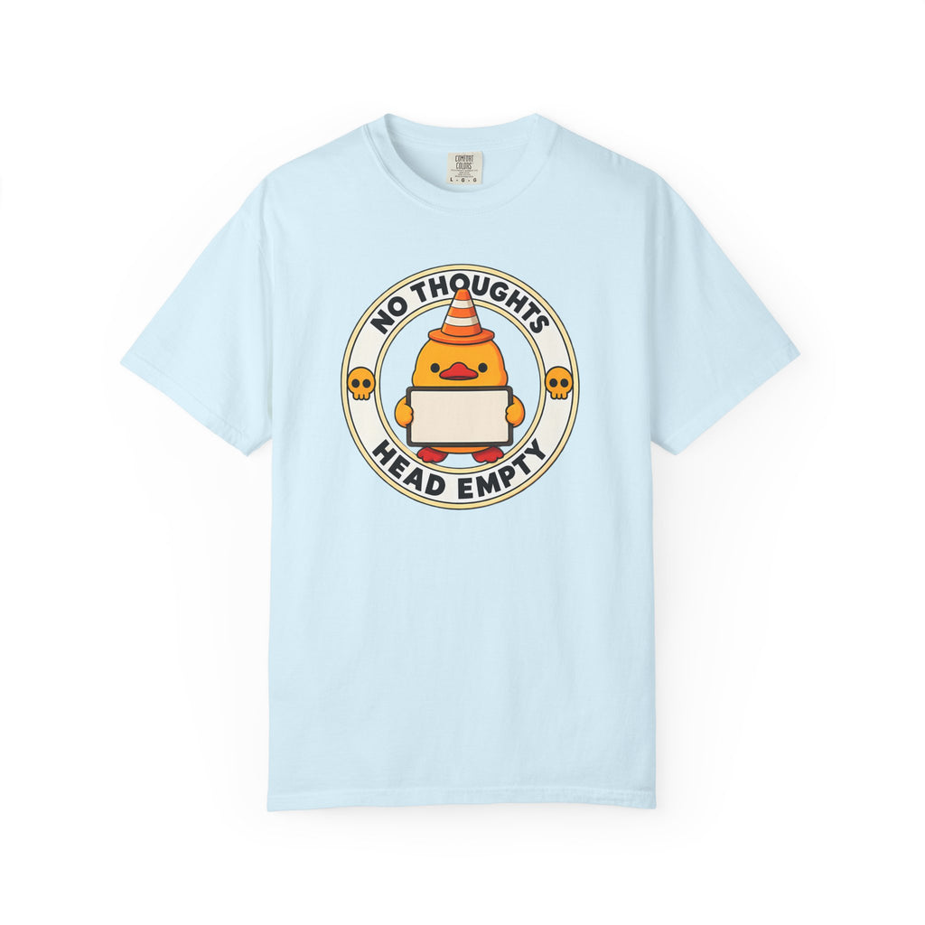 No Thoughts Head Empty Duck Tee in Chambray — front flat lay with graphic print