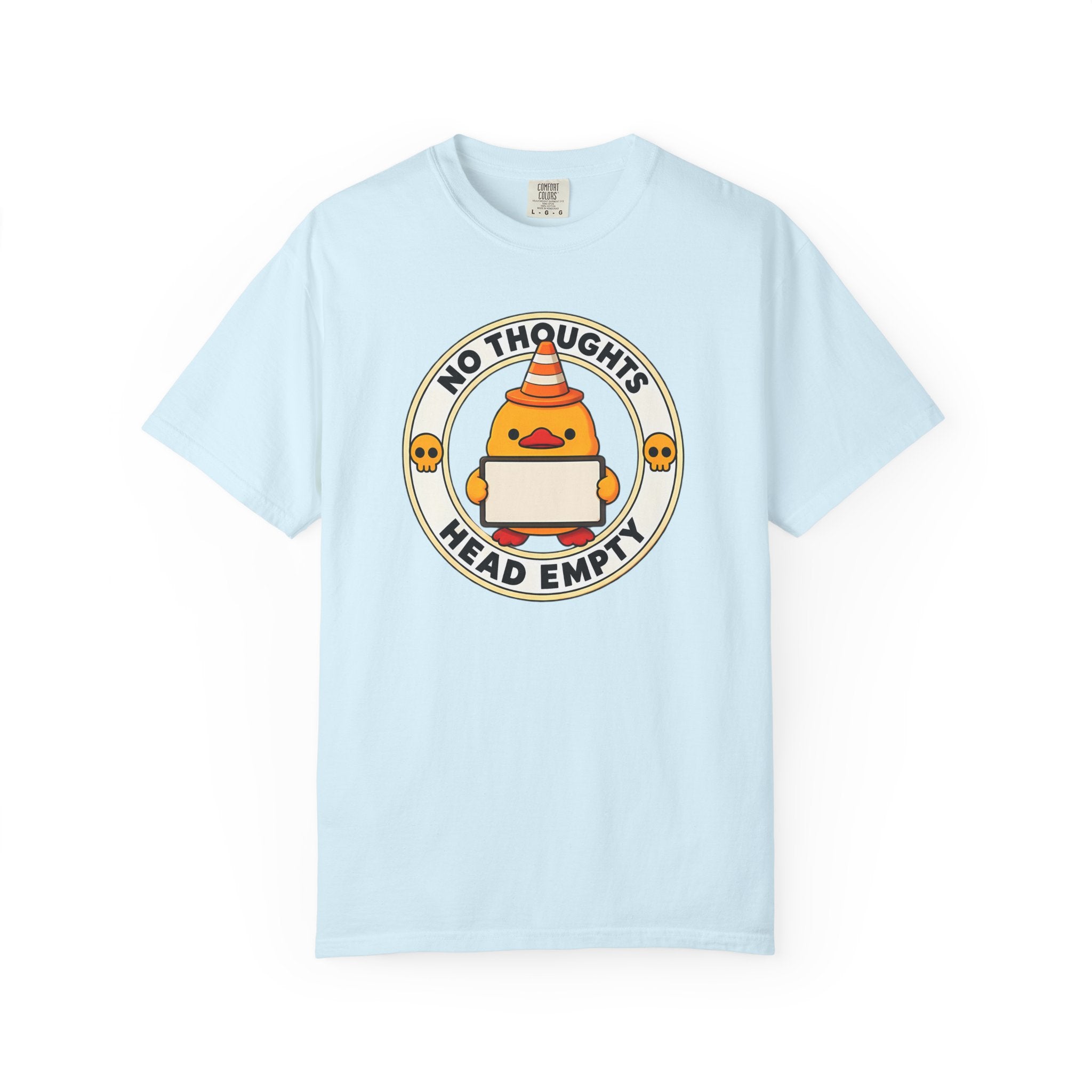 No Thoughts Head Empty Duck Tee in Chambray — front flat lay with graphic print