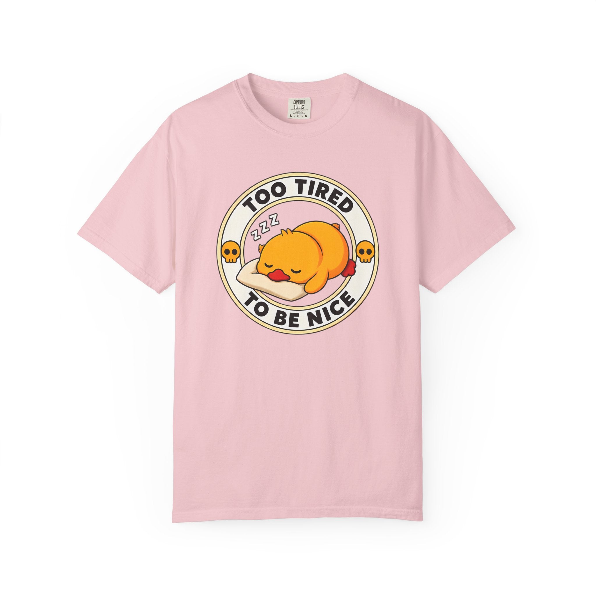 Too Tired Duck Tee in Blossom — front flat lay with graphic print
