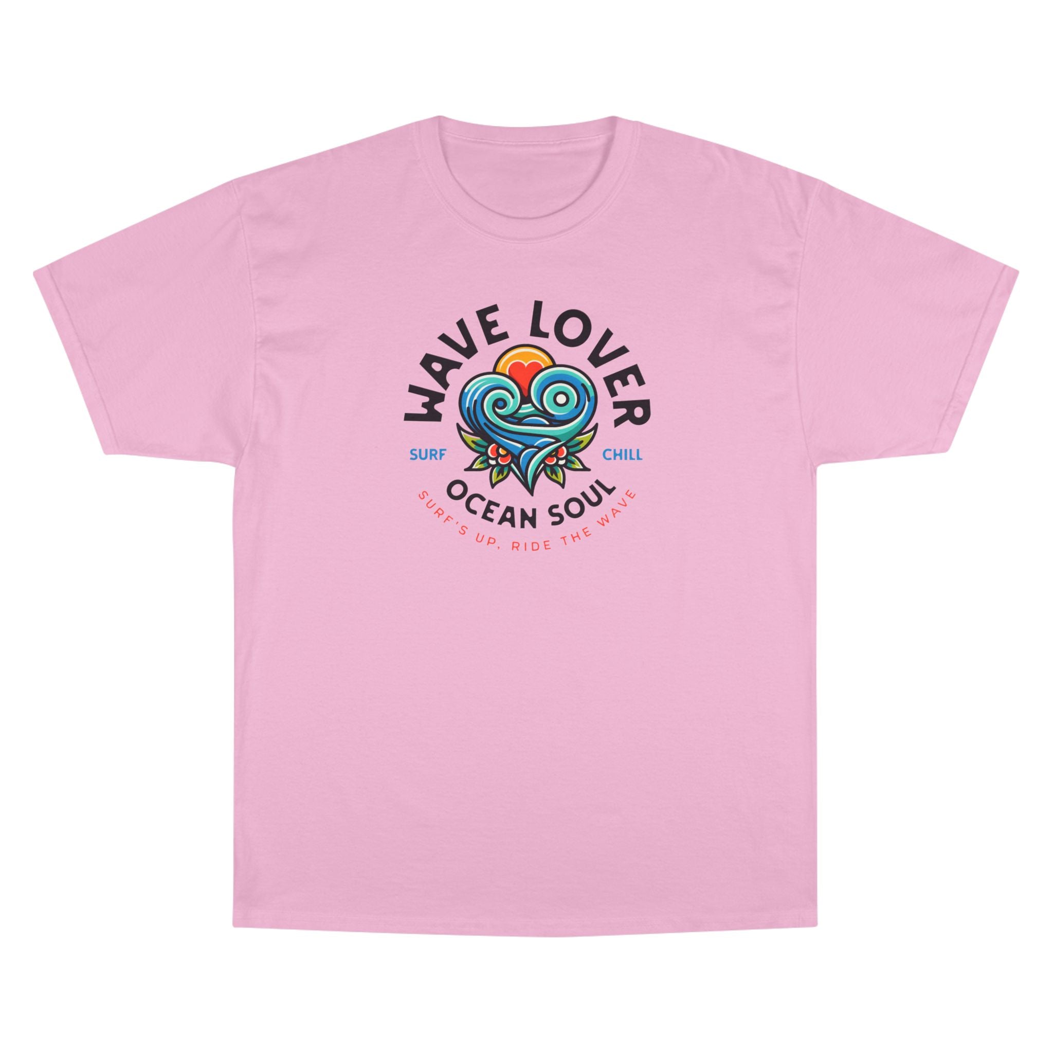 Wave Lover Ocean Soul Tee in Pink Candy — front flat lay with graphic print