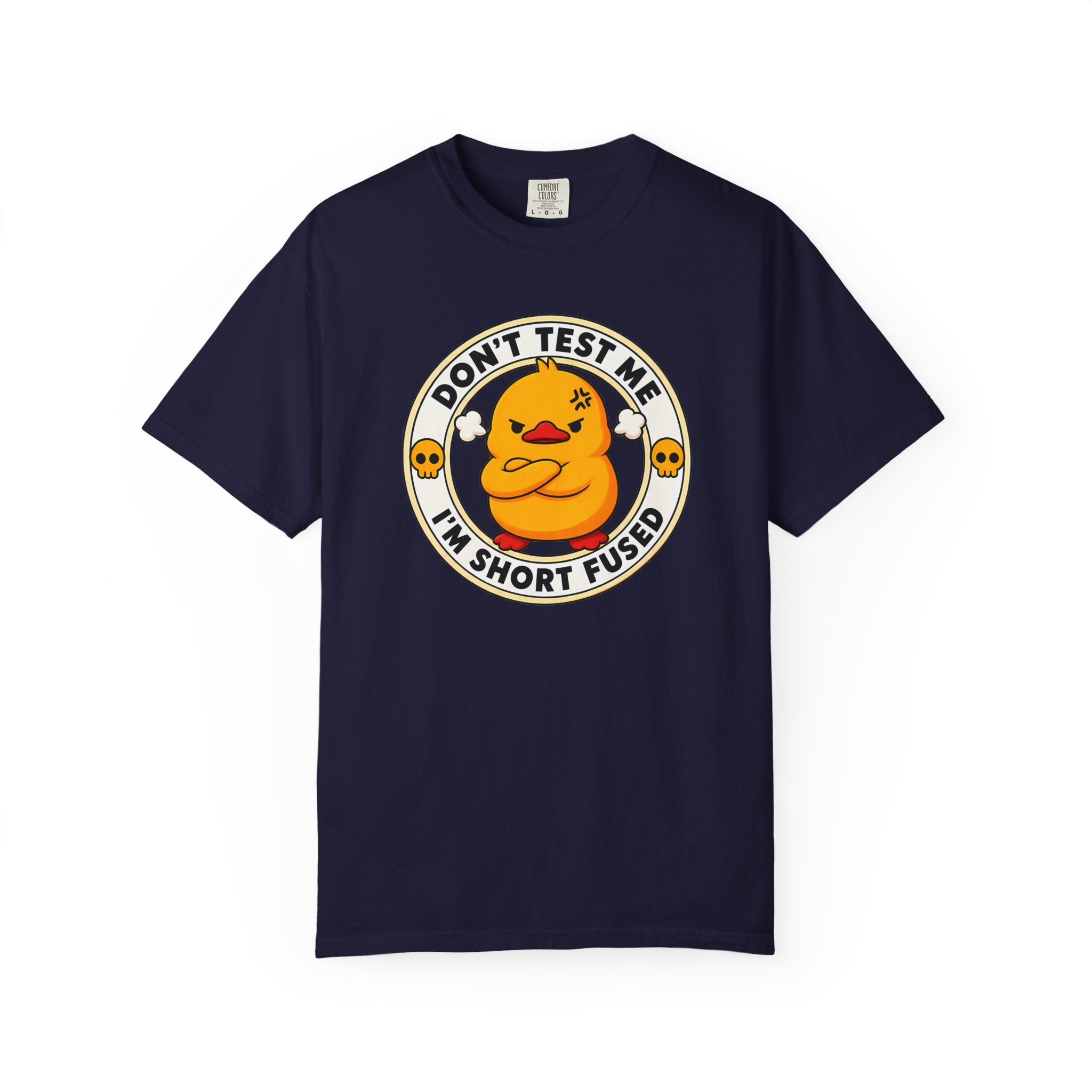 Dont Test Me Duck Tee in True Navy — front flat lay with graphic print