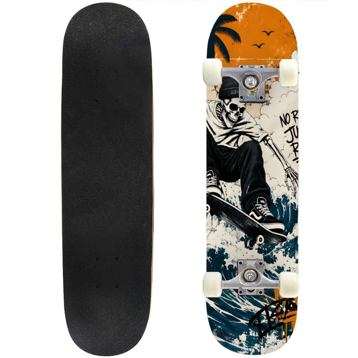 Skateboard deck, grip tape side and graphic side showing a skeleton skater over waves