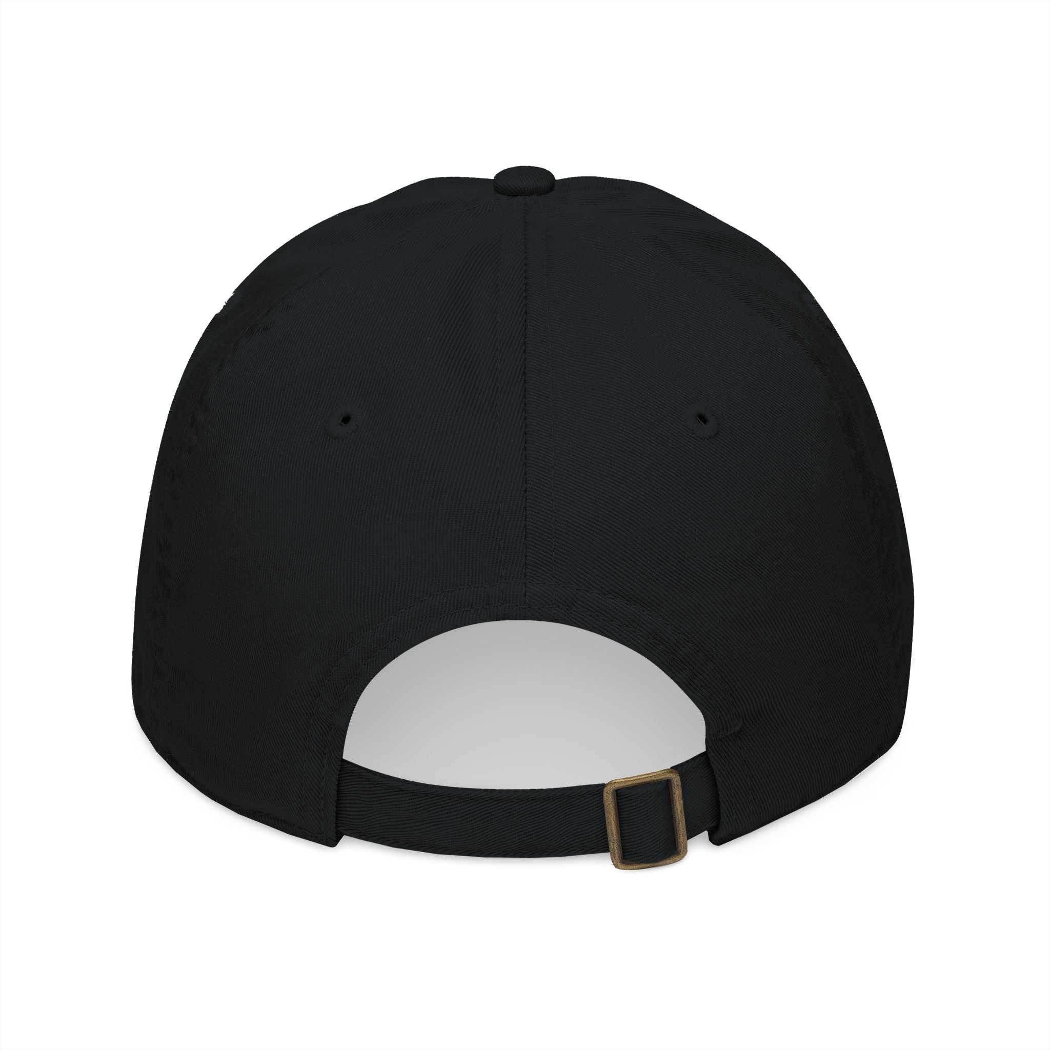 Organic Embroidered Baseball Cap in Black — back view showing the adjustable strap buckle