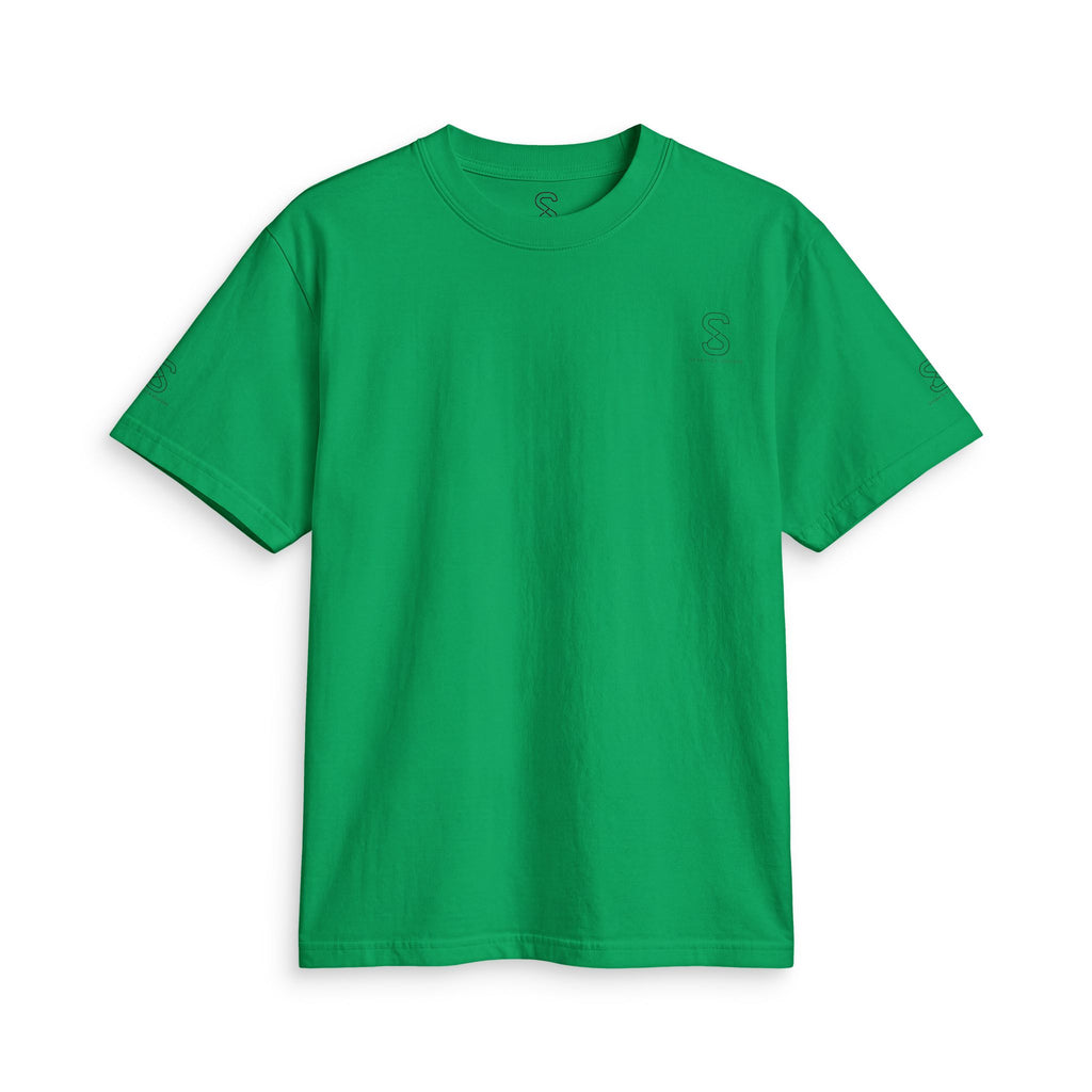 SparkyCA Logo Tee in Kelly Green — front flat lay with chest logo and matching sleeve print