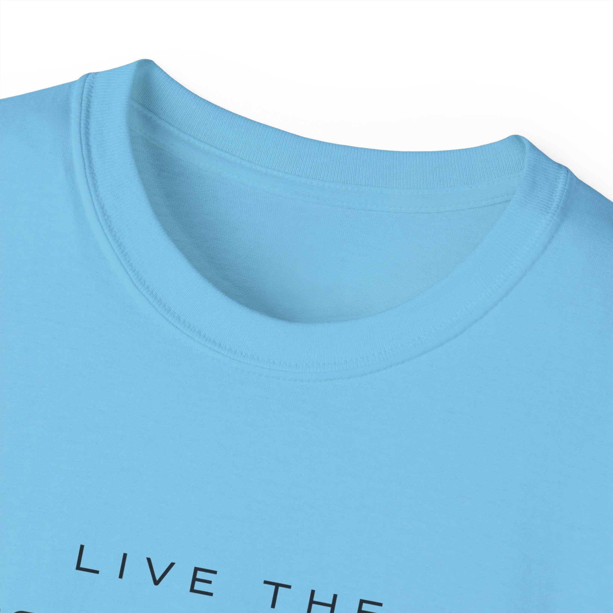 Live the Sea-Doo Life Tee in Sky blue — close-up of collar and top of graphic print