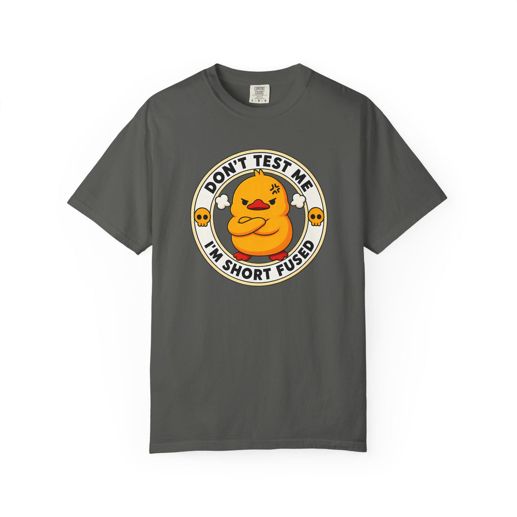 Dont Test Me Duck Tee in Pepper — front flat lay with graphic print