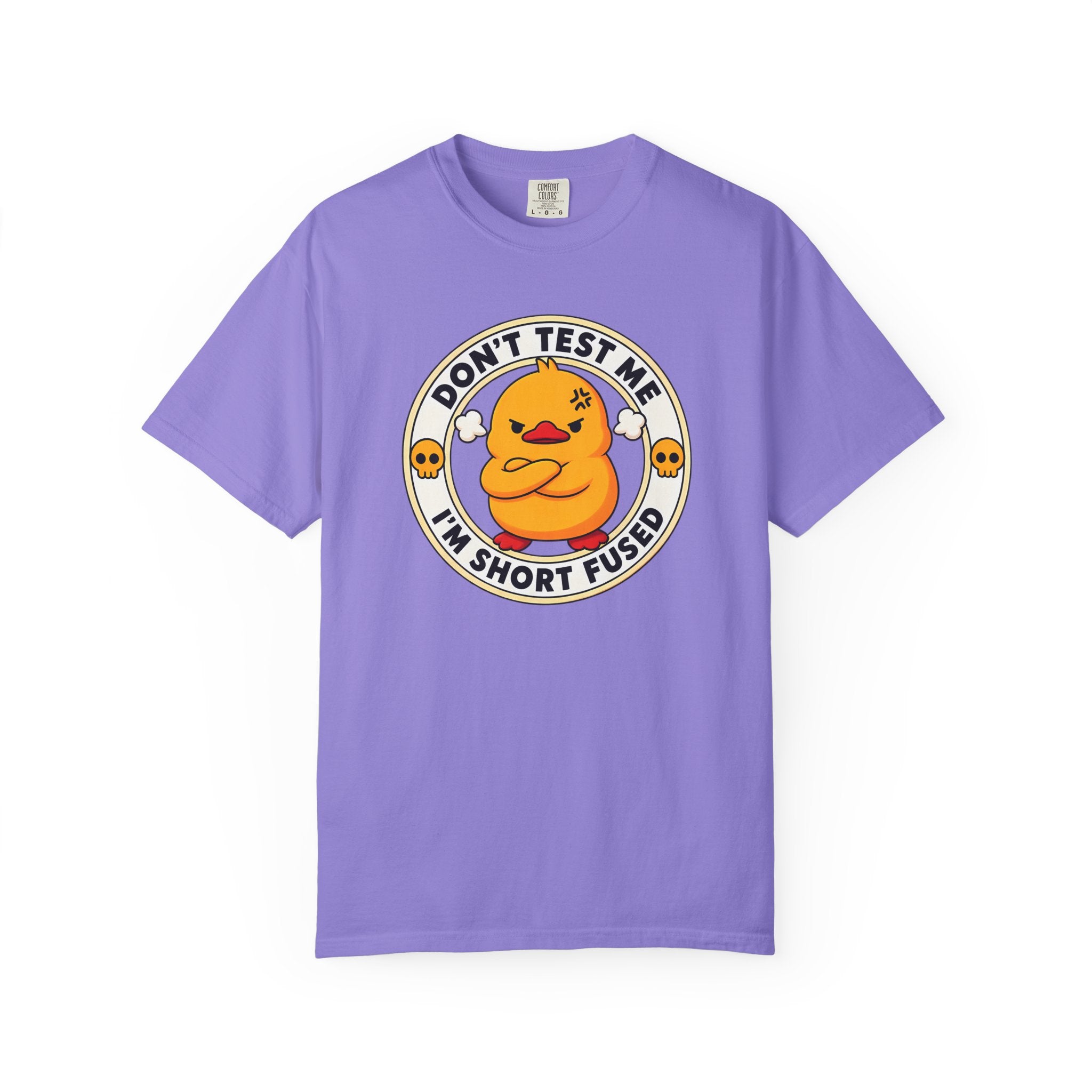 Dont Test Me Duck Tee in Violet — front flat lay with graphic print