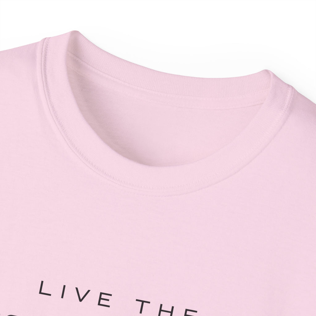 Live the Sea-Doo Life Tee in Light Pink — close-up of collar and top of graphic print