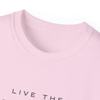 Live the Sea-Doo Life Tee in Light Pink — close-up of collar and top of graphic print