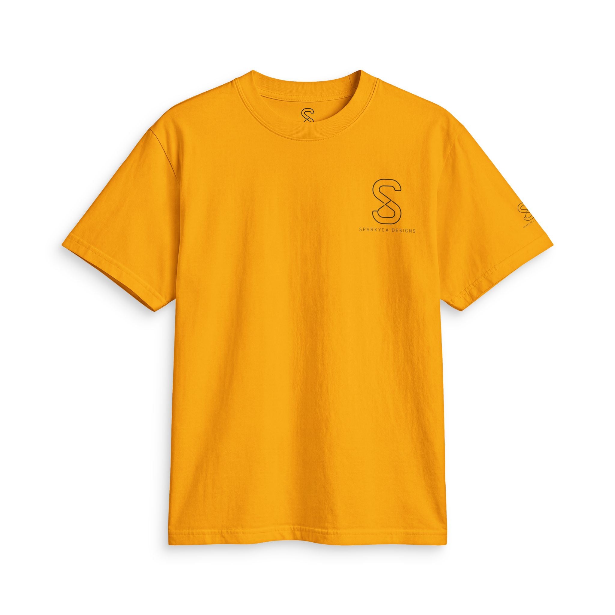 SparkyCA Designs Classic Crewneck Tee in Orange — front flat lay with chest logo