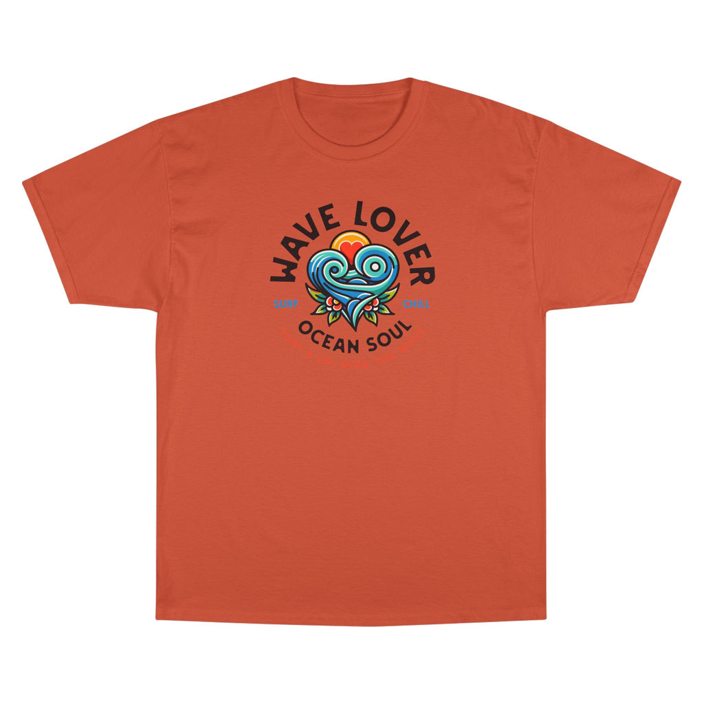 Wave Lover Ocean Soul Tee in Orange — front flat lay with graphic print