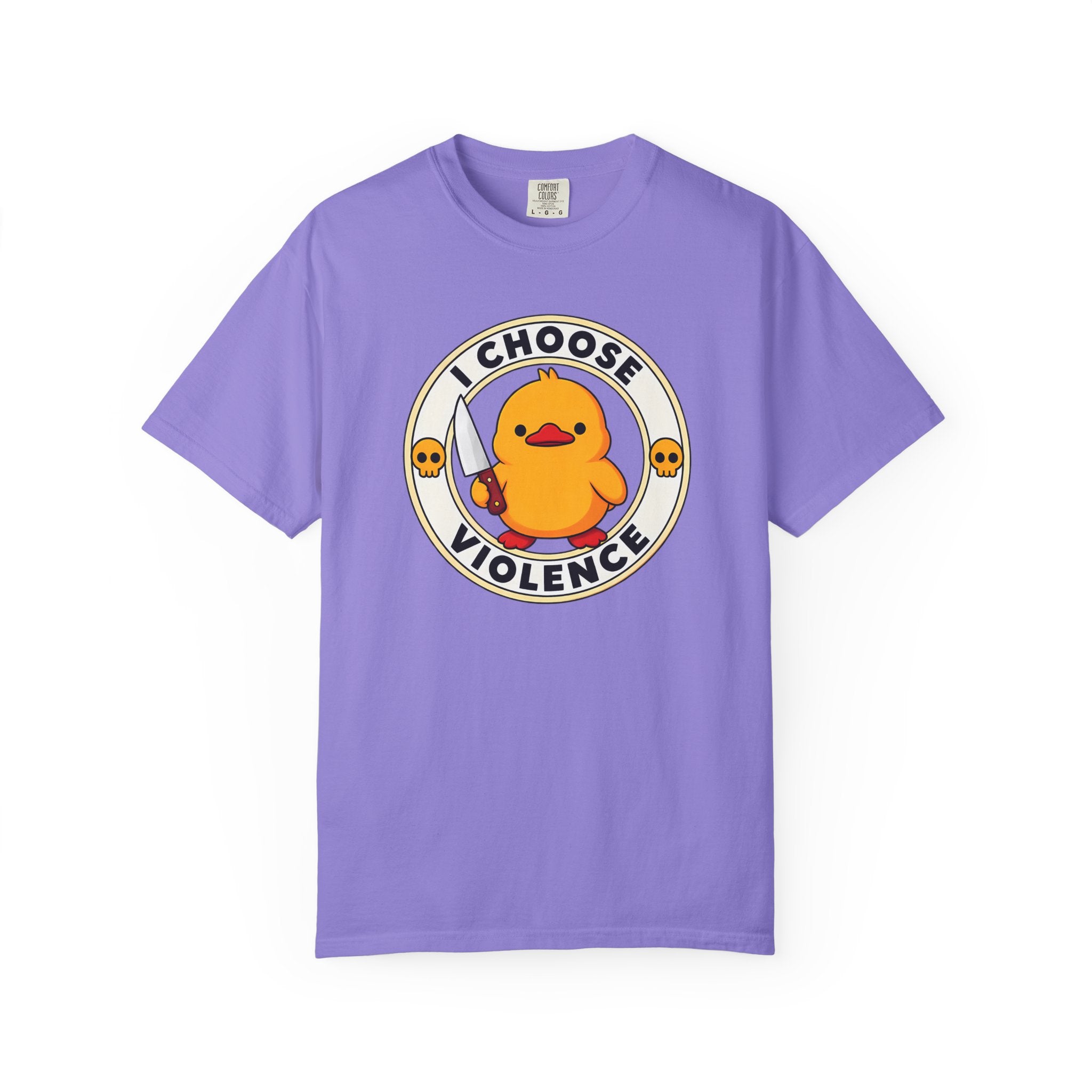 I Choose Violence Duck Tee in Violet — front flat lay with graphic print