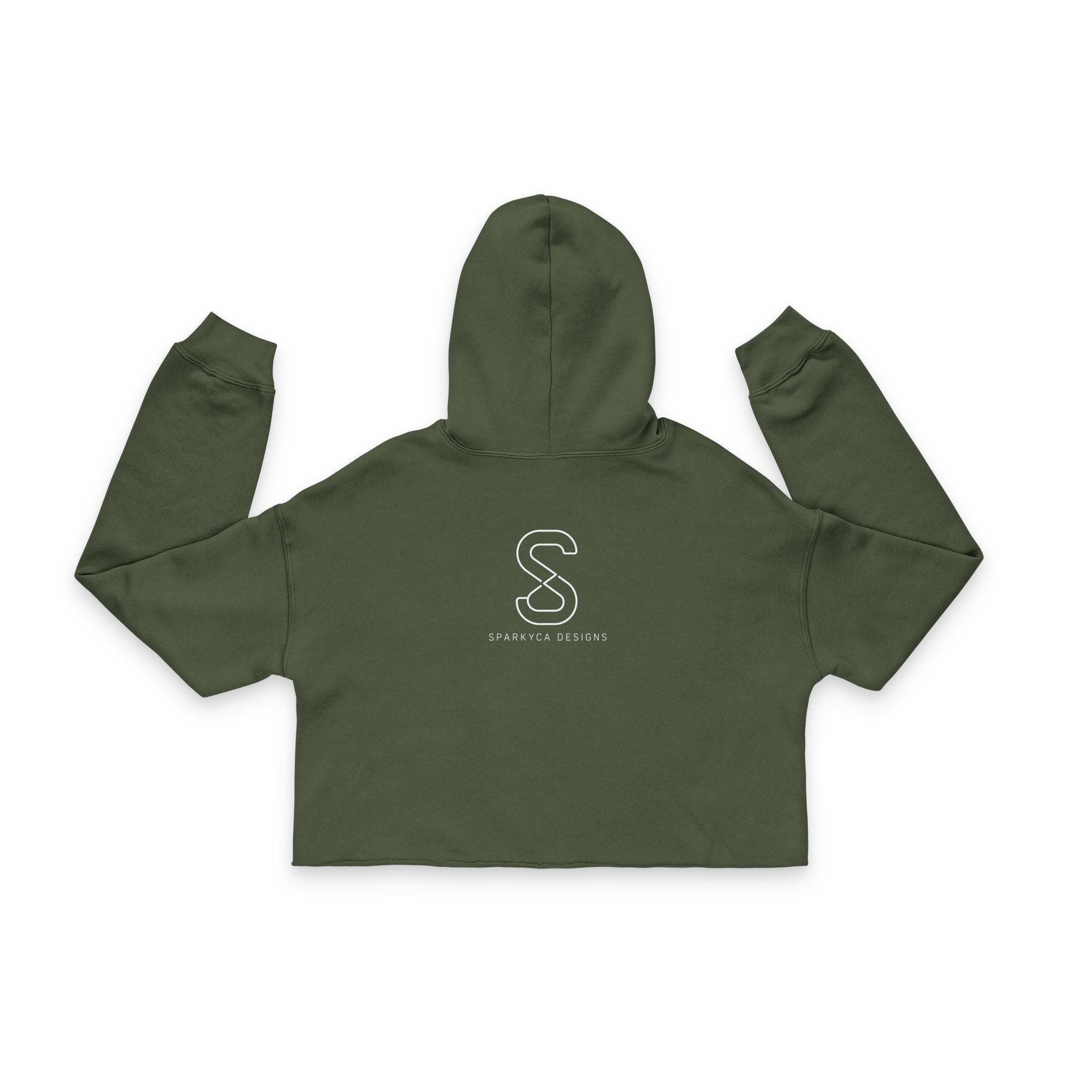 Women's Cropped Hoodie in Military Green — flat lay with sleeves outstretched, embroidered S logo