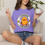 Woman wearing the I Choose Violence Duck Tee in Violet, lifestyle photo