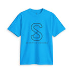Bright blue SparkyCA logo tee, front flat lay with dark outline S logo and wordmark