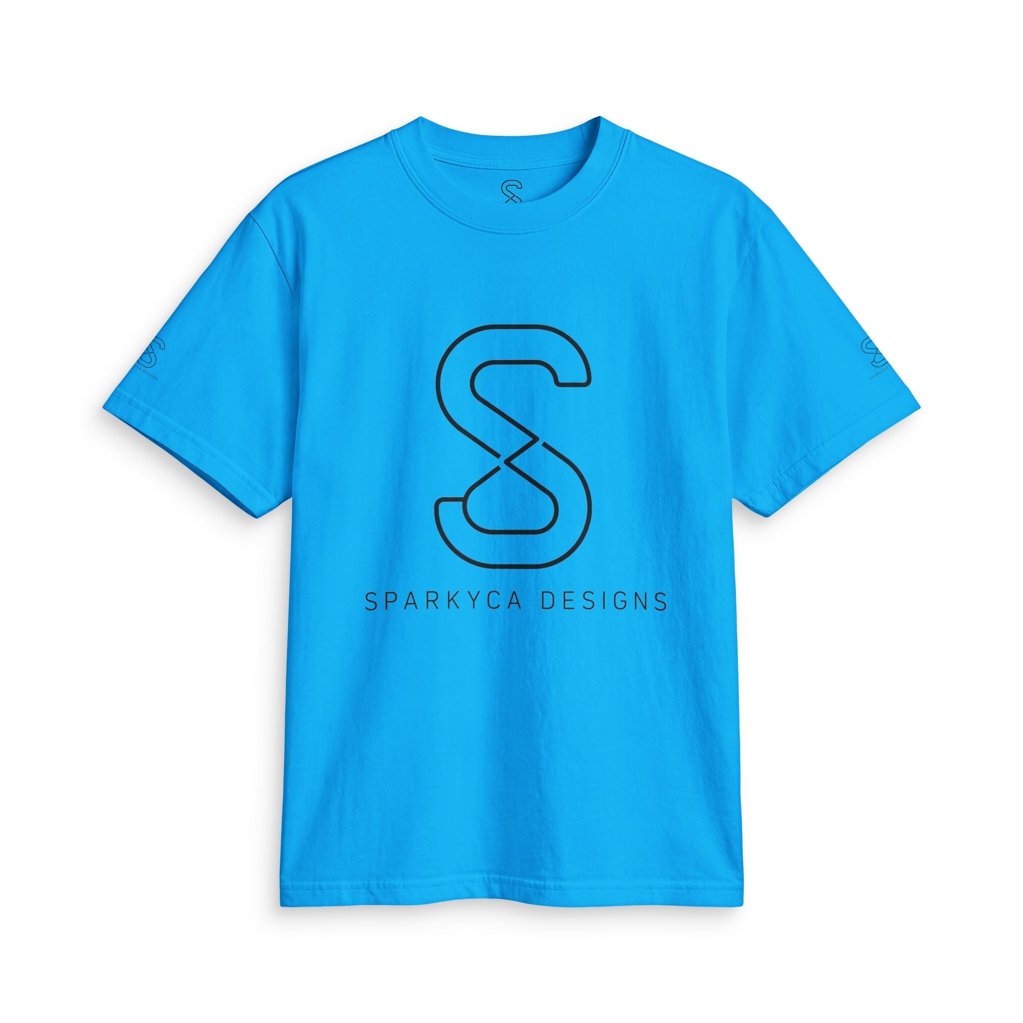 Bright blue SparkyCA logo tee, front flat lay with dark outline S logo and wordmark