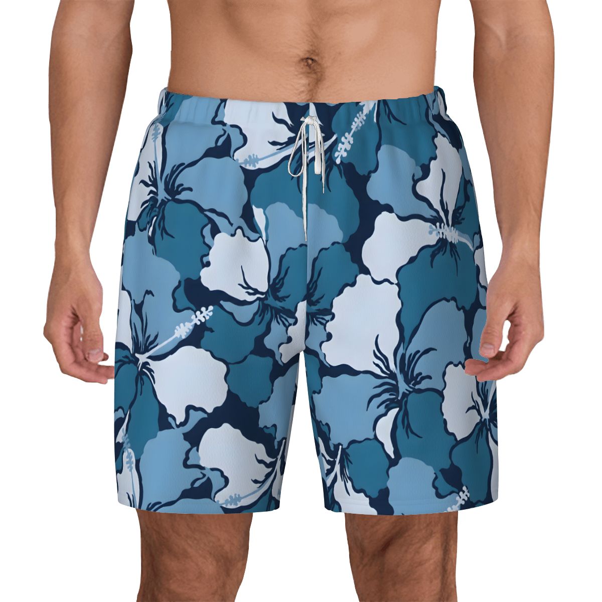 Blue and white hibiscus print swim shorts, front view close-up on model