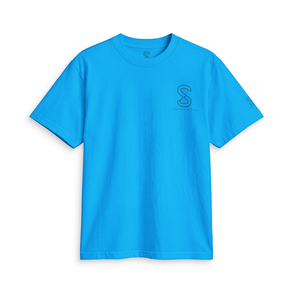 SparkyCA Designs Classic Crewneck Tee in Cream Blue — front flat lay with chest logo