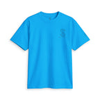 SparkyCA Designs Classic Crewneck Tee in Cream Blue — front flat lay with chest logo