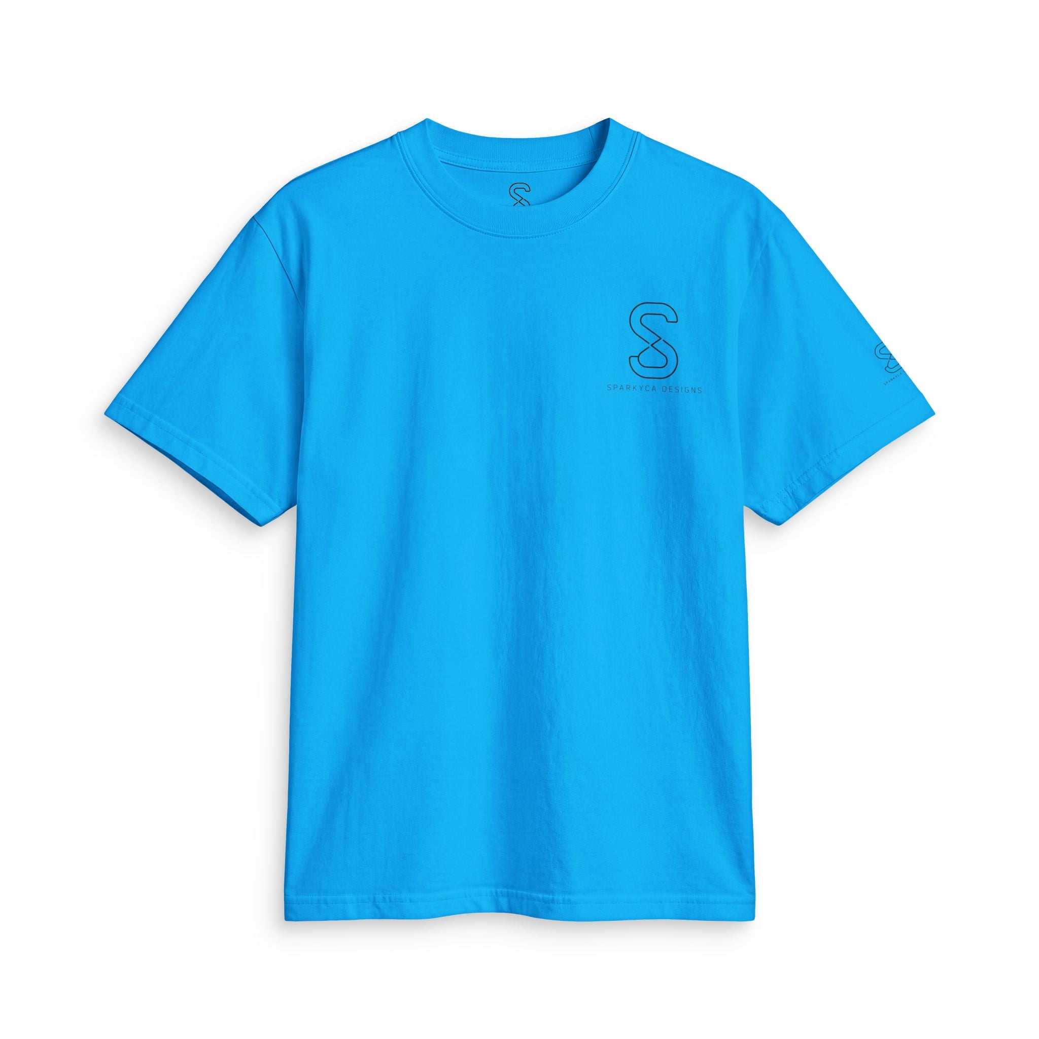 SparkyCA Designs Classic Crewneck Tee in Cream Blue — front flat lay with chest logo