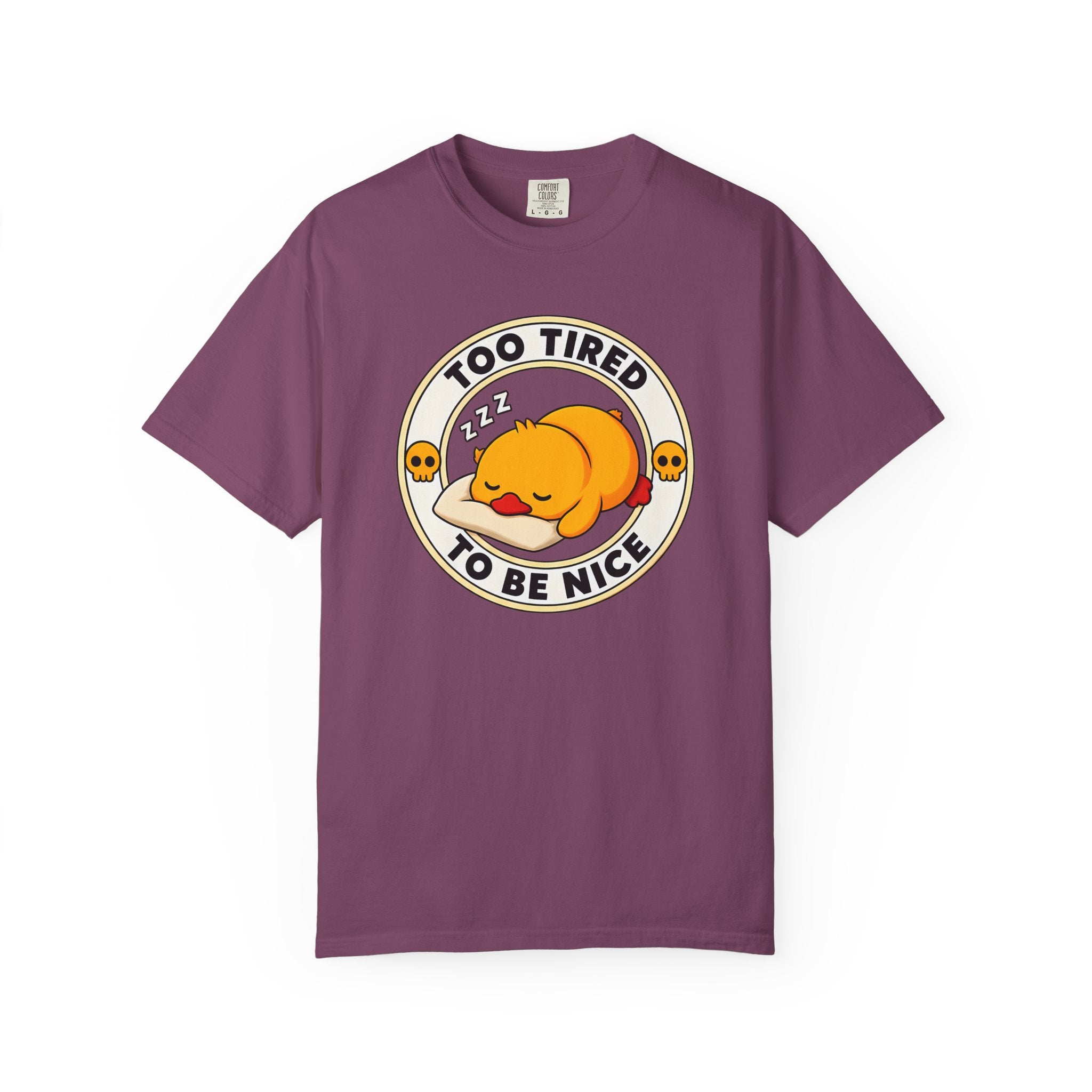 Too Tired Duck Tee in Berry — front flat lay with graphic print