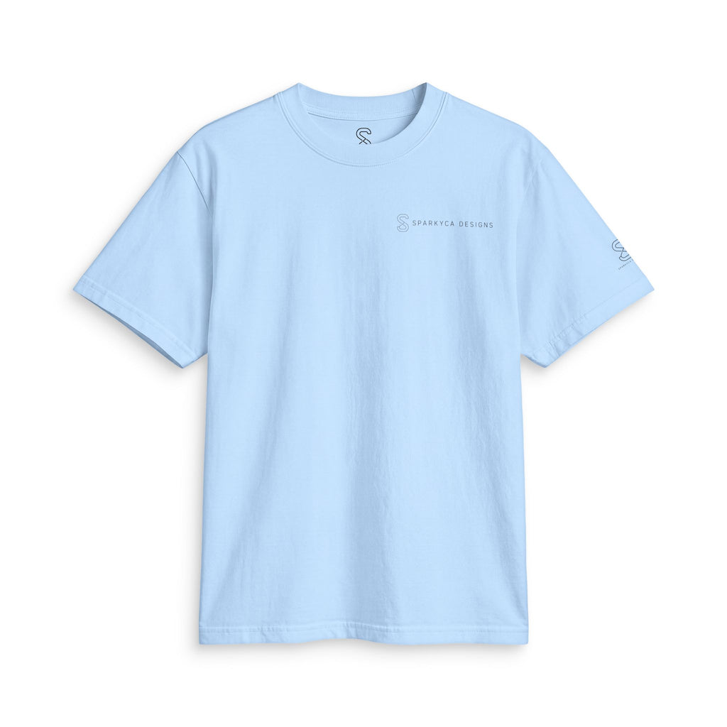 Sky blue SparkyCA Designs active tee, flat lay front view