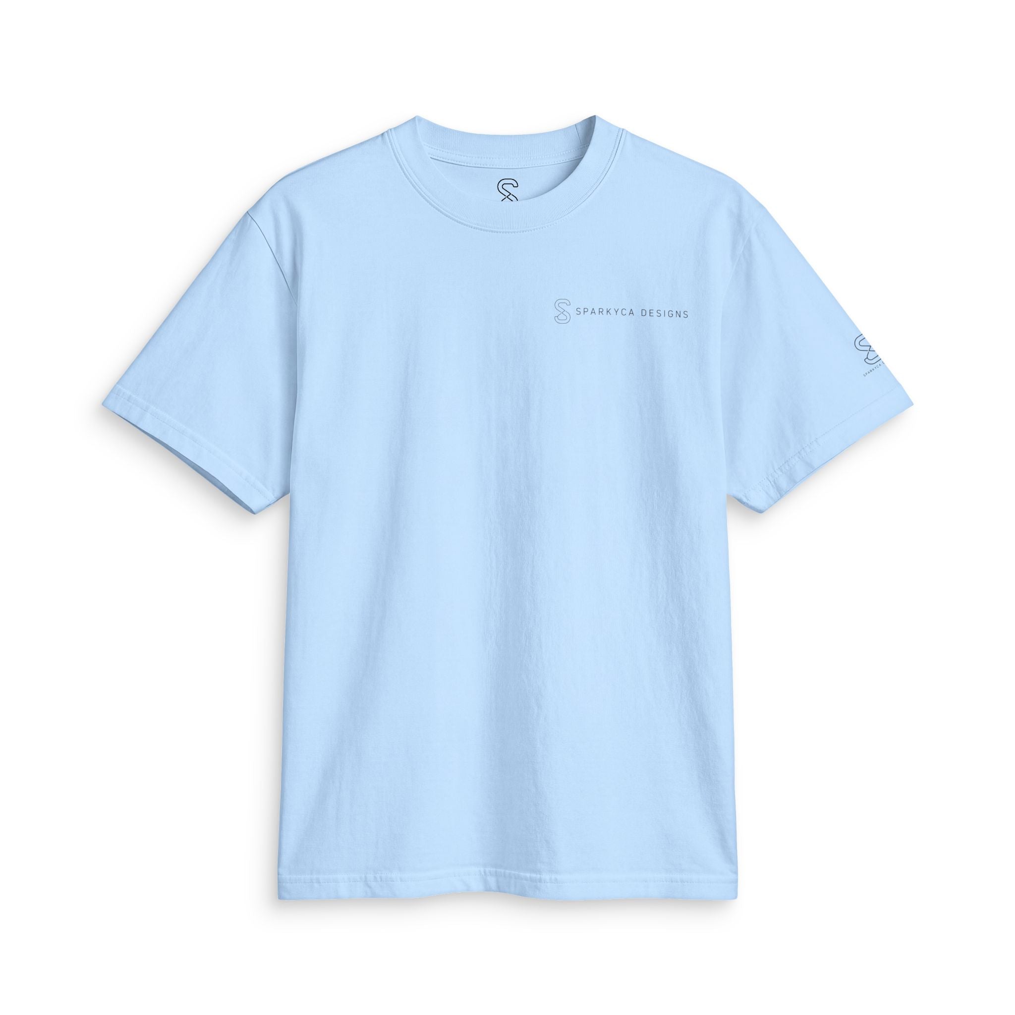 Sky blue SparkyCA Designs active tee, flat lay front view