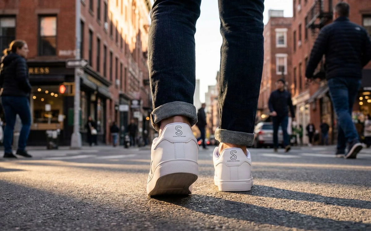 A person standing on a city street wearing a pair of white low-top sneakers with dark cuffed jeans, photographed from behind. Pedestrians and brick buildings are visible in the blurred background.