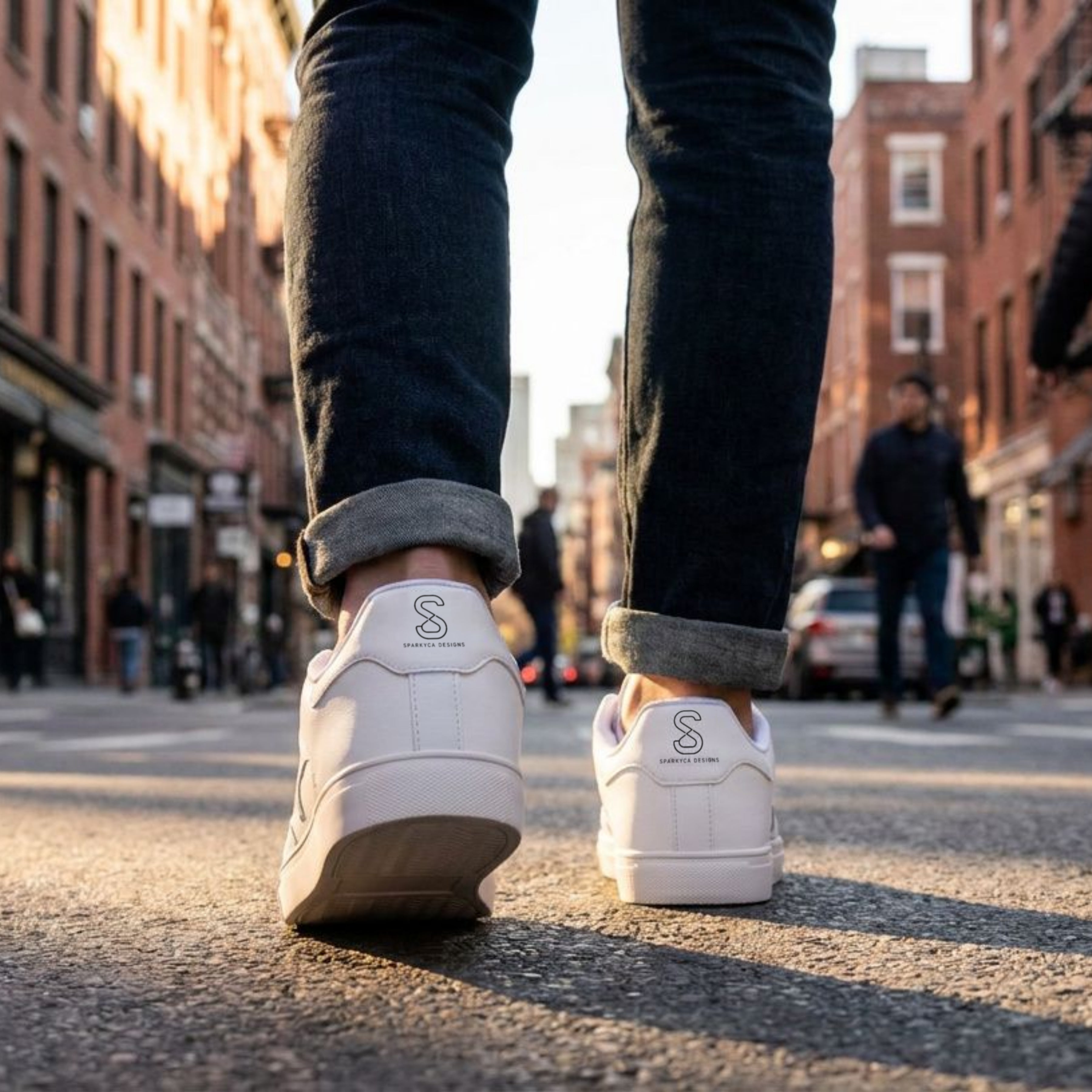 Close-up of white sneakers on a person's feet with rolled jeans, walking on a city street
