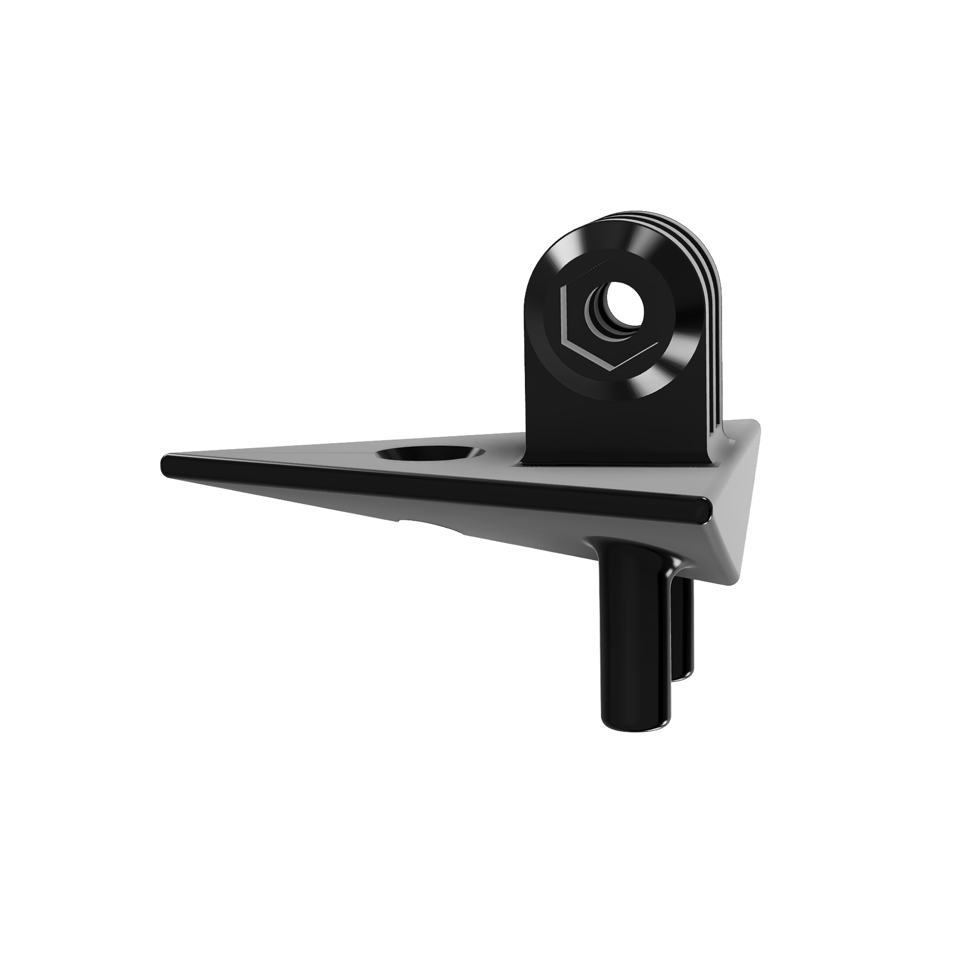 Black 3D-printed GoPro mount, side render showing the GoPro adapter tabs
