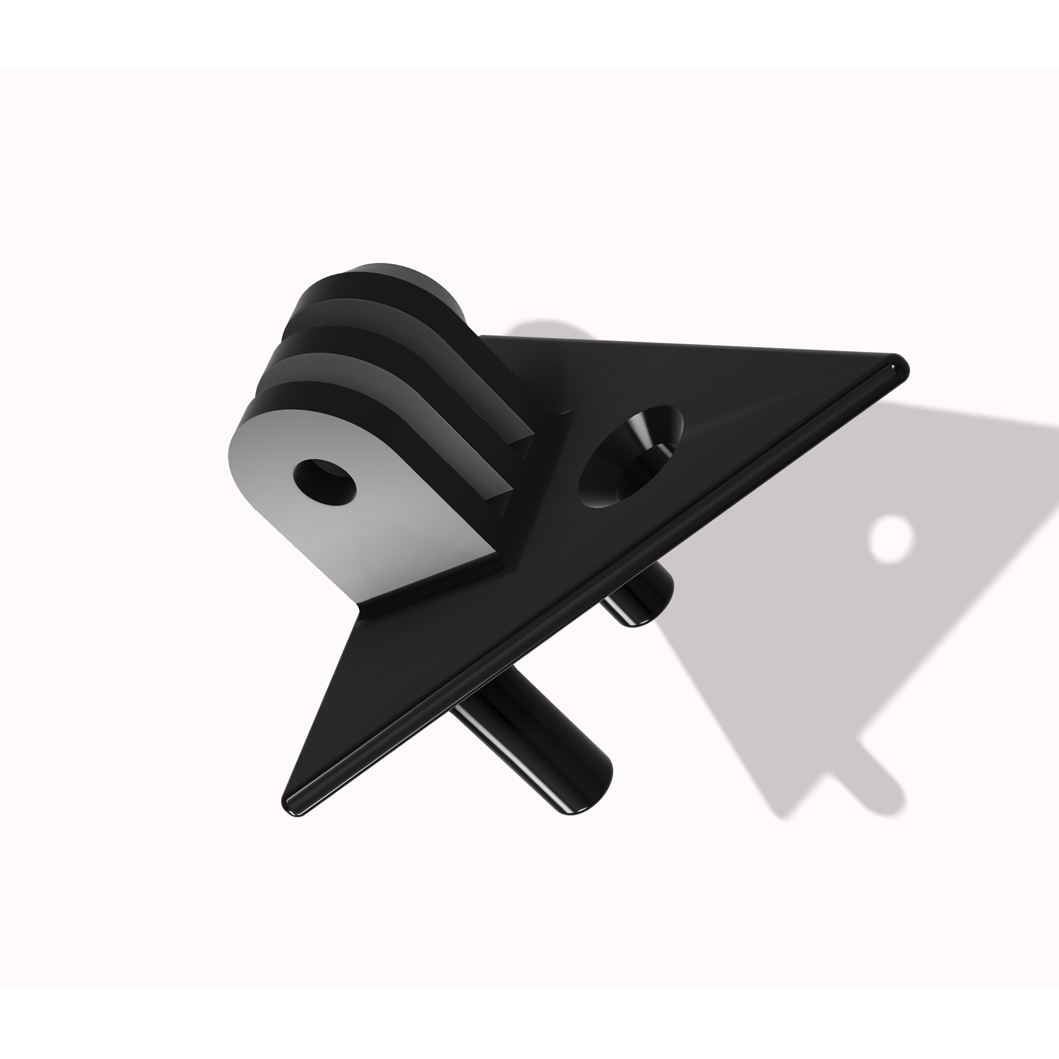 Black 3D-printed GoPro mount, triangular base with adapter arms, studio render