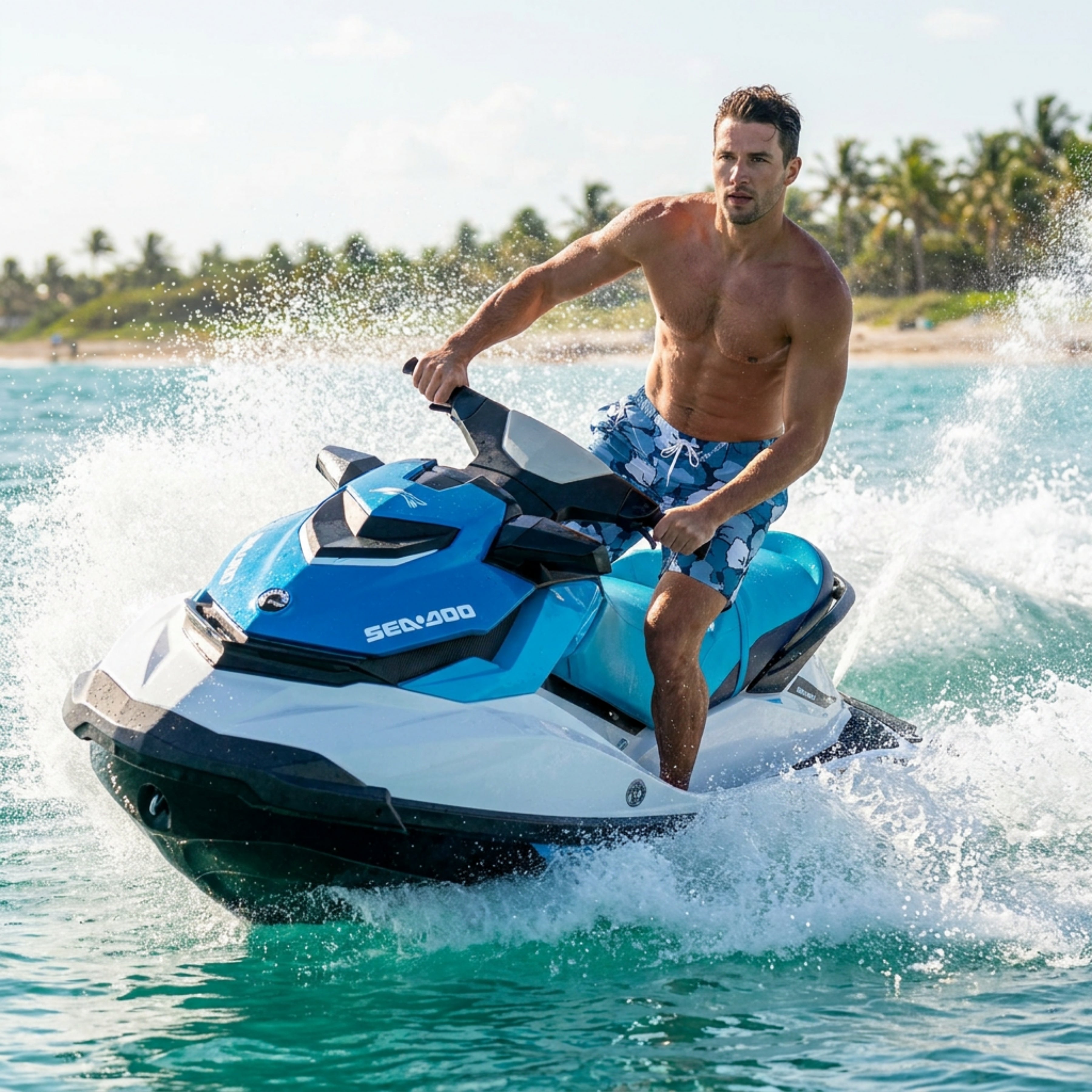 Man wearing blue hibiscus print swim shorts riding a Sea-Doo jet ski, action lifestyle shot