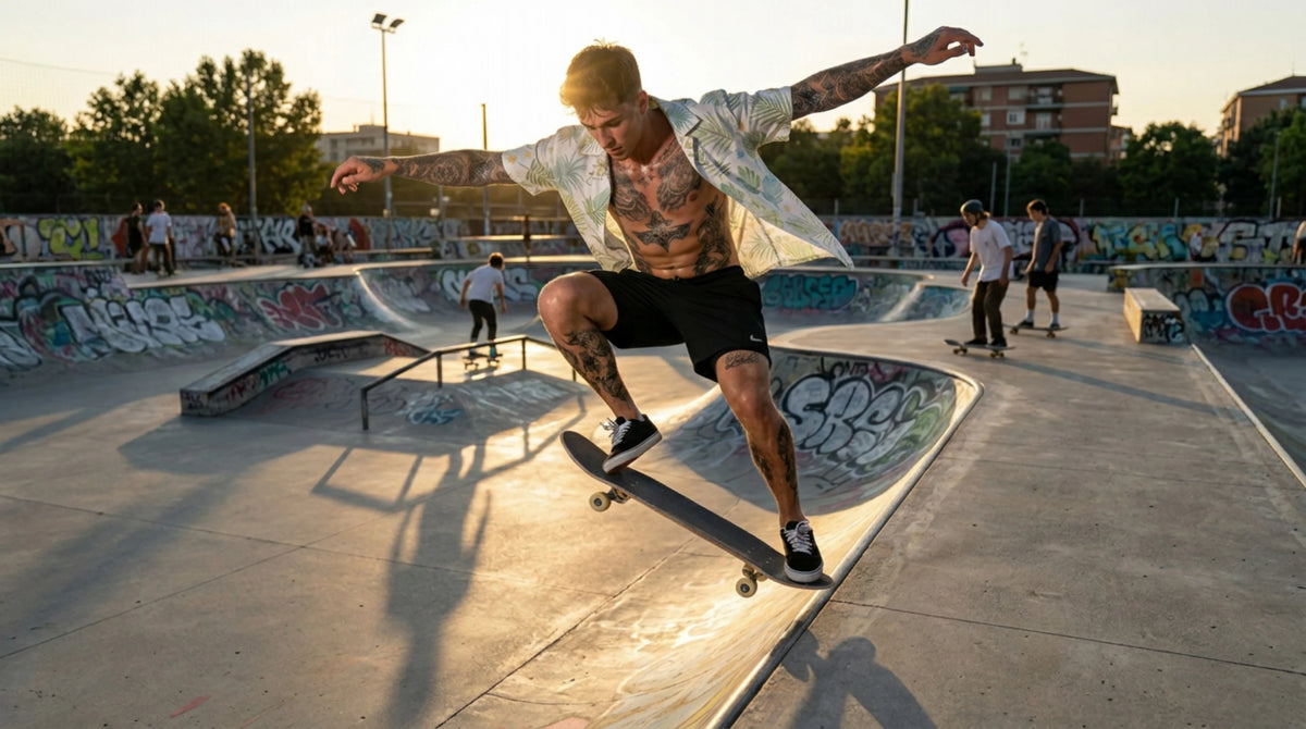 Tattooed man skateboarding at a graffiti-covered skatepark at sunset, wearing an open tropical print shirt over black shorts