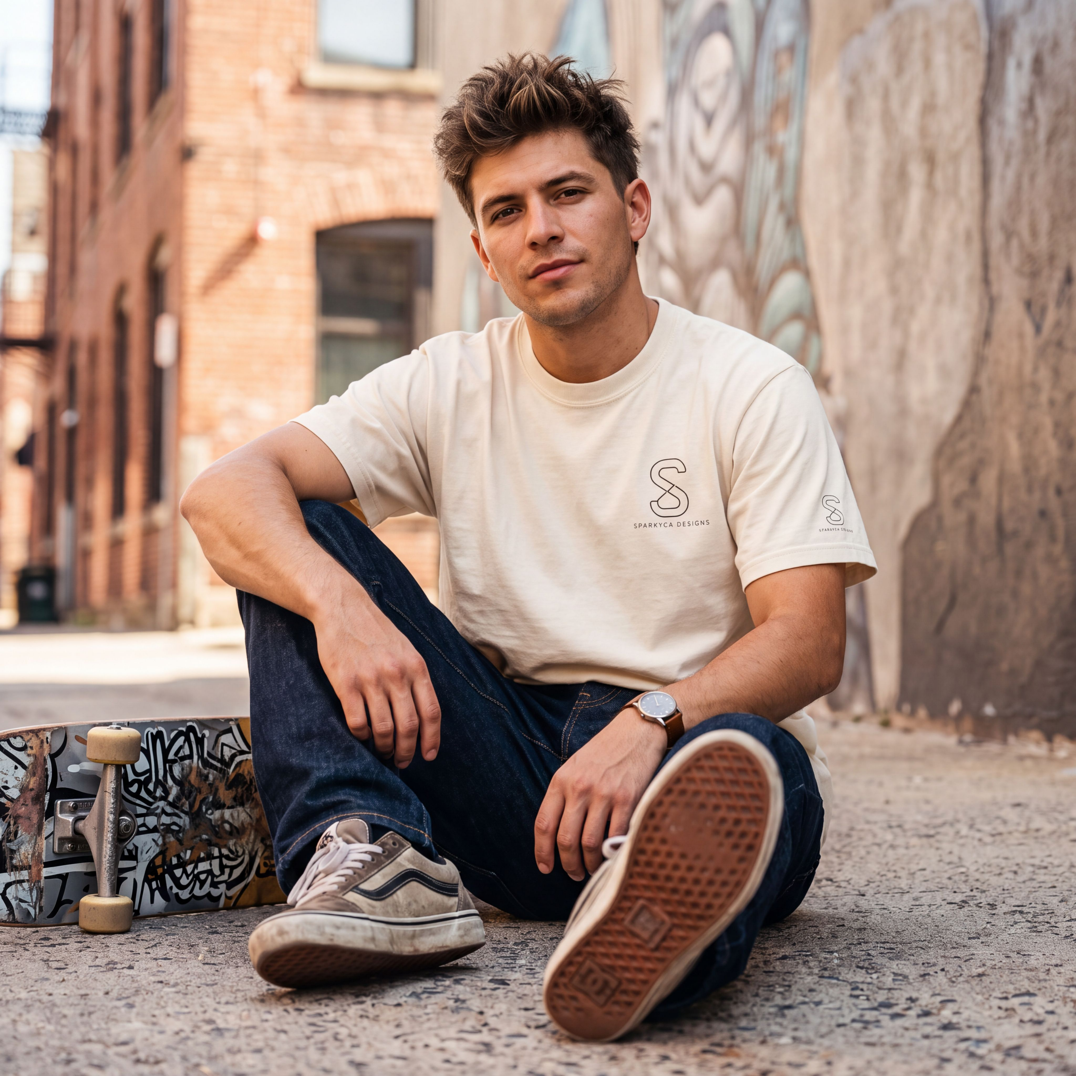 Man wearing the SparkyCA Designs Classic Crewneck Tee in Blonde, urban lifestyle photo with a skateboard