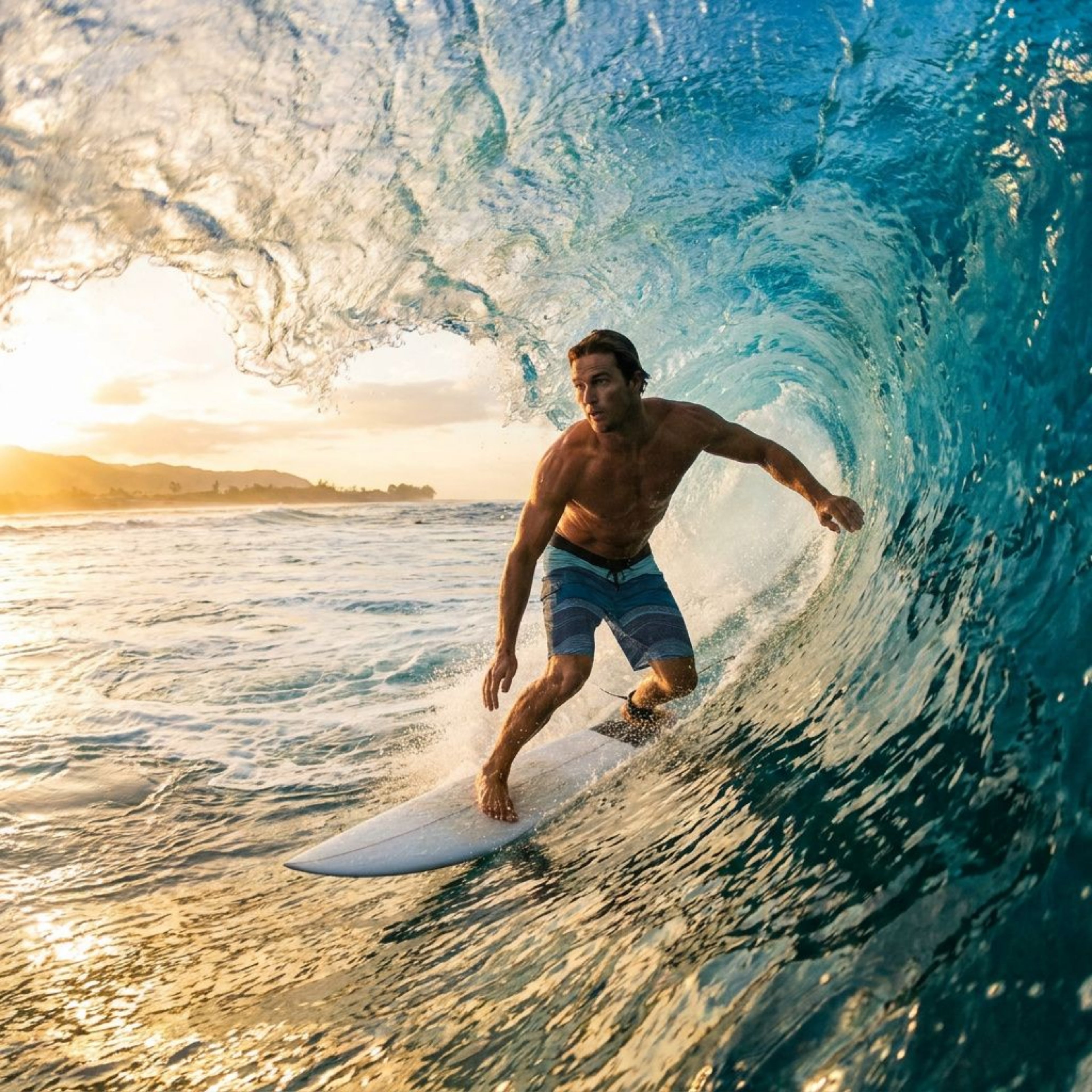 A surfer riding inside a breaking wave at sunset, wearing striped board shorts