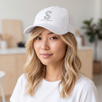 Woman wearing the Low-Profile Baseball Cap in White, indoor lifestyle photo