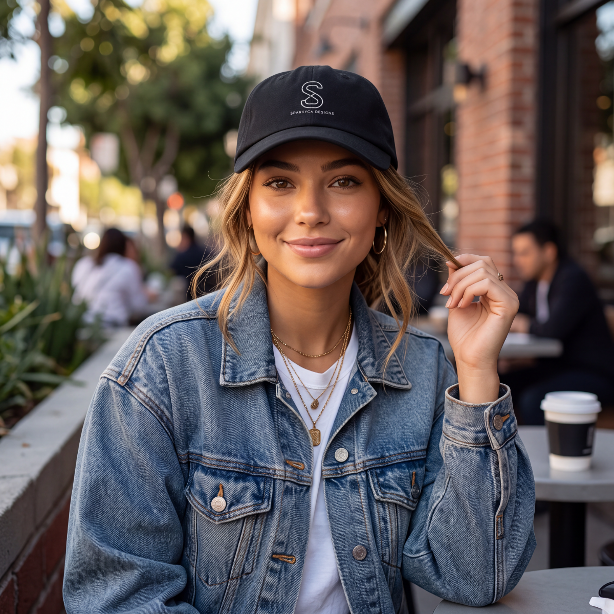 Woman wearing the Organic Embroidered Baseball Cap in Black, outdoor café lifestyle photo