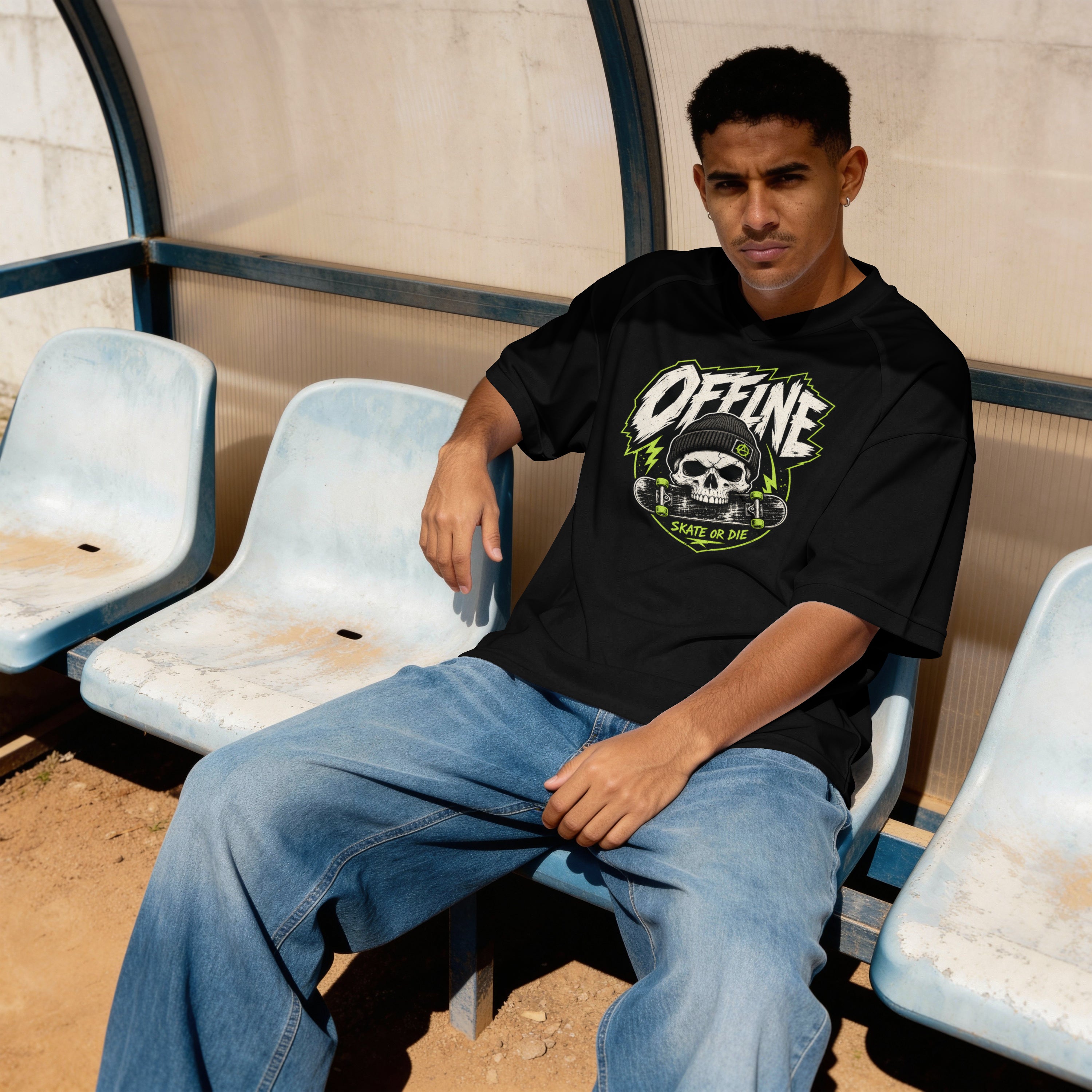 Man sitting on stadium bench seats wearing a black Offline Skate or Die graphic tee and jeans, full skull-and-skateboard chest print visible.