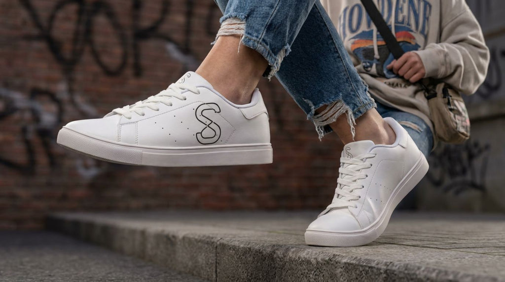 Women's White Leather Sneakers — Minimal Casual Low-Top Shoe with Subtle 'S' Logo