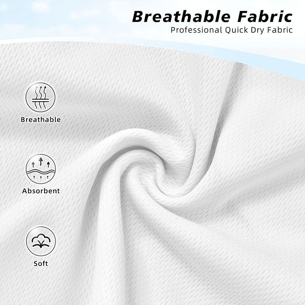 Close-up of white breathable quick-dry fabric texture with feature icons