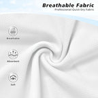 Close-up of white breathable quick-dry fabric texture with feature icons