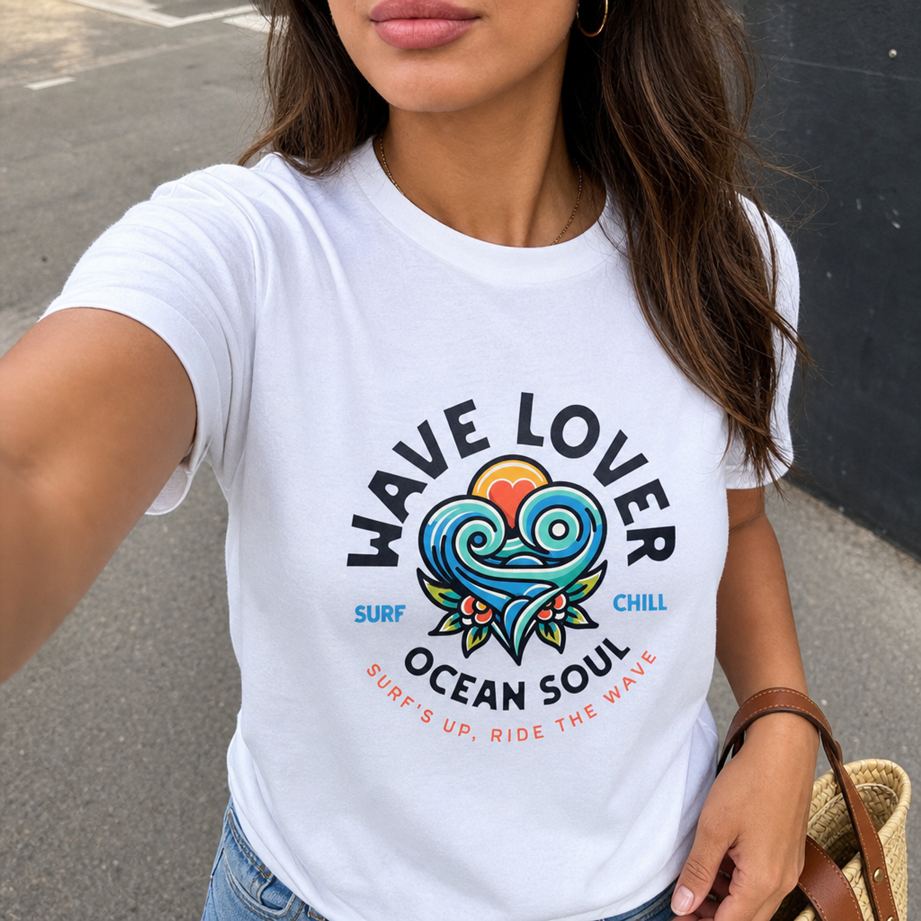 Woman wearing the Wave Lover Ocean Soul Tee in White, street selfie lifestyle photo
