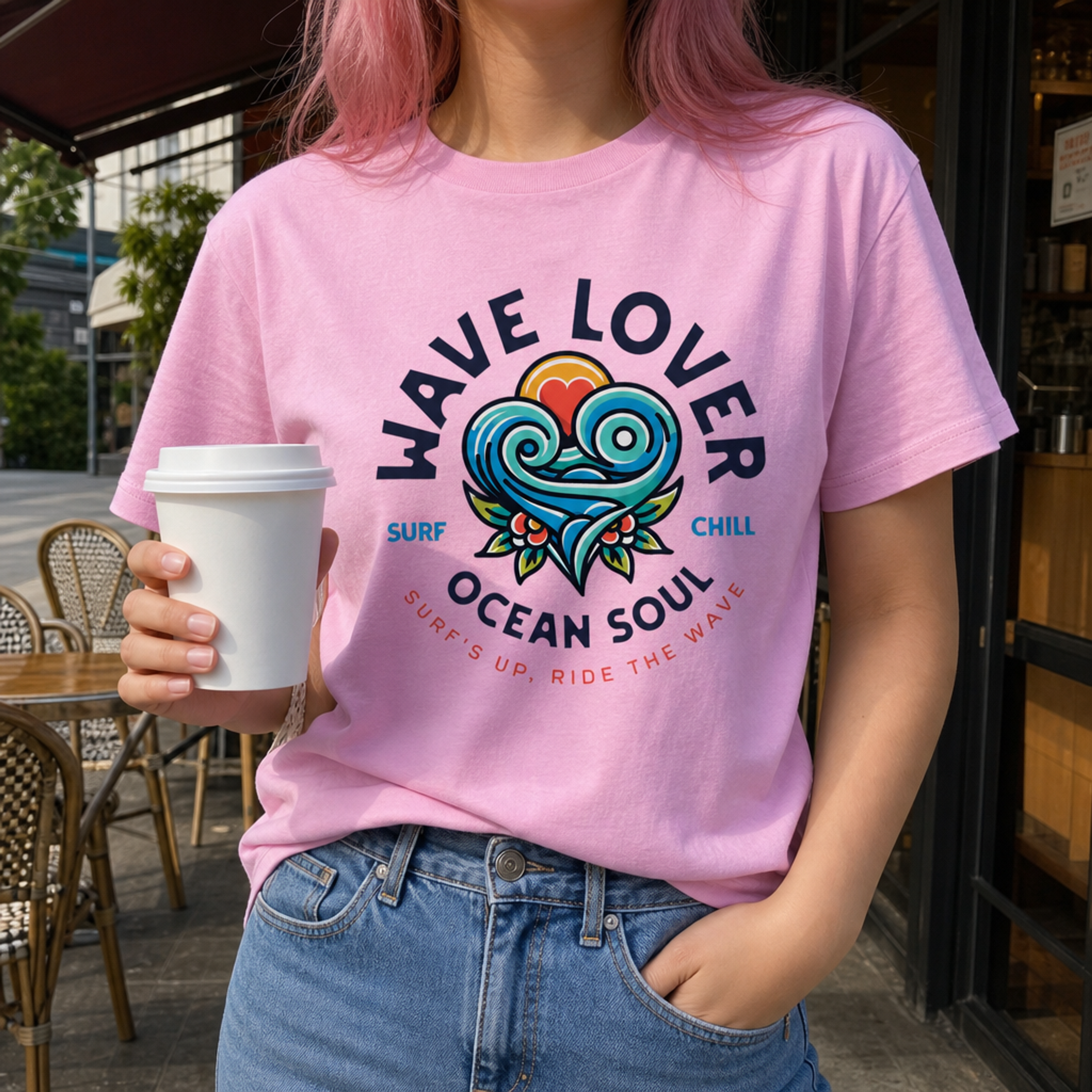 Woman wearing the Wave Lover Ocean Soul Tee in Pink Candy, café lifestyle photo