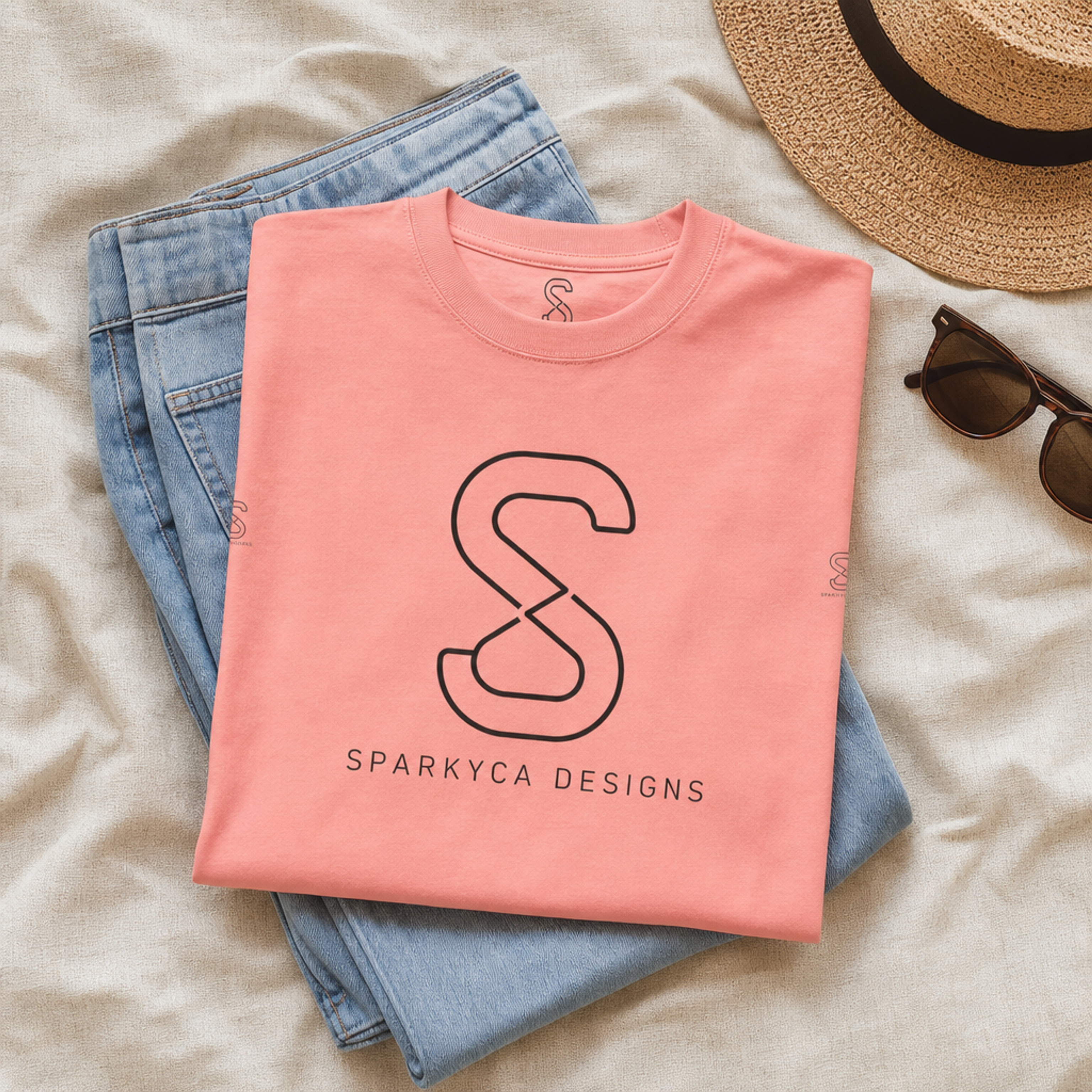 Coral pink SparkyCA tee folded with jeans, straw hat and sunglasses, beach-styled flat lay