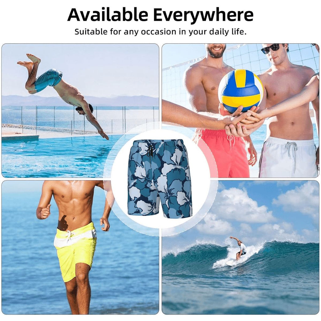 Infographic showing the swim shorts worn diving, playing volleyball, running and surfing