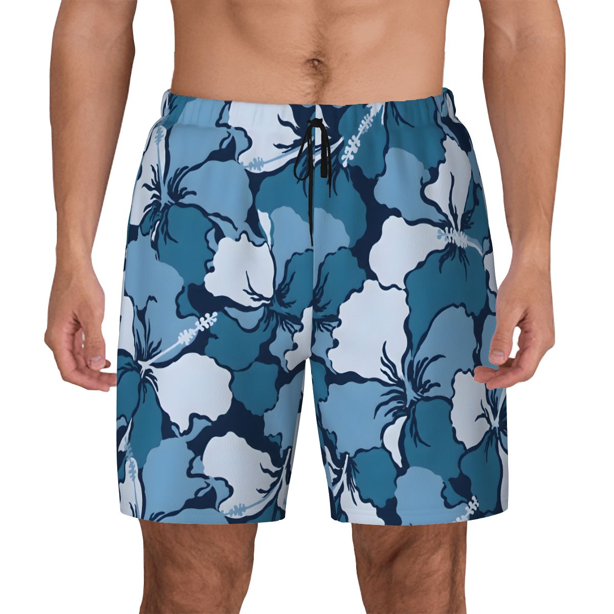 Men's swim shorts in blue and white hibiscus print, close-up front view on model