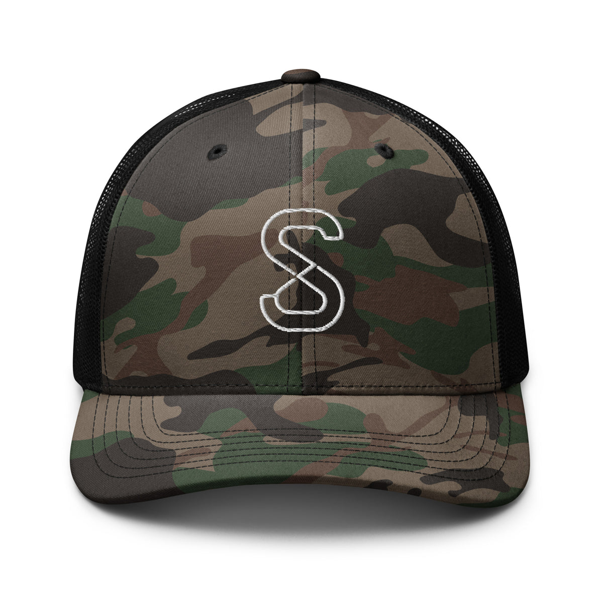 Camo/Black trucker hat, front view, with embroidered white SparkyCA S logo