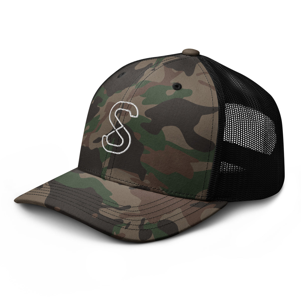 Camo/Black trucker hat, front-left angle view, showing the black mesh back panel