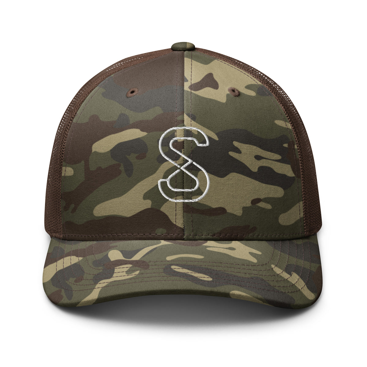Camo/Brown trucker hat, front view, with embroidered white SparkyCA S logo