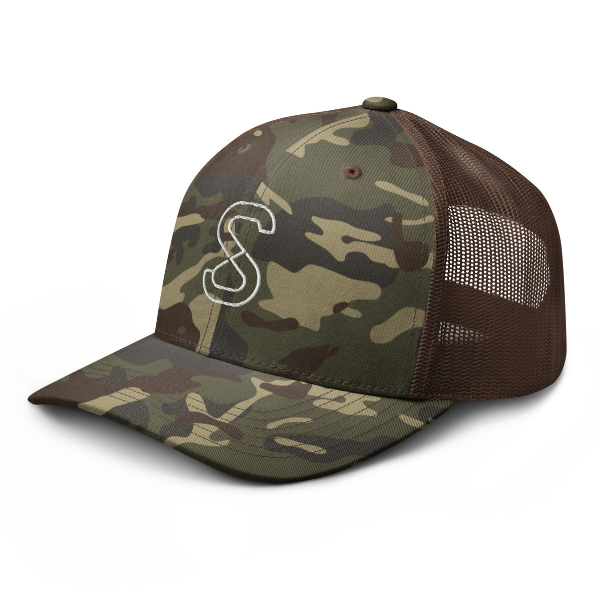 Camo/Brown trucker hat, front-left angle view, showing the brown mesh back panel